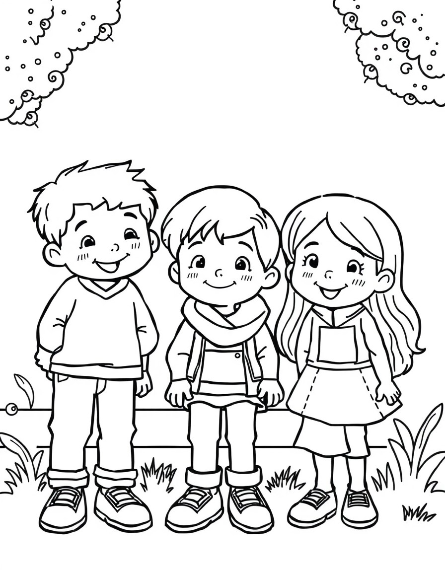 create 10 pages with 3 kids friends in difrent situation