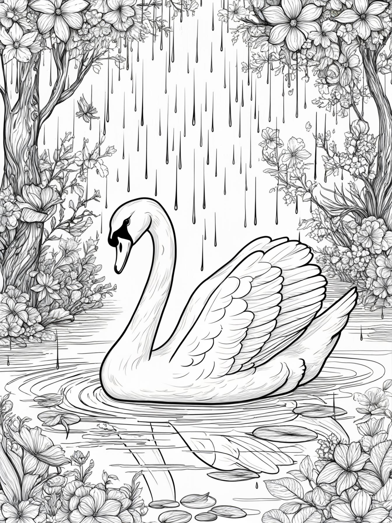 Magic lake with a Swan. Forest and flowers. Raining day. Good vybes