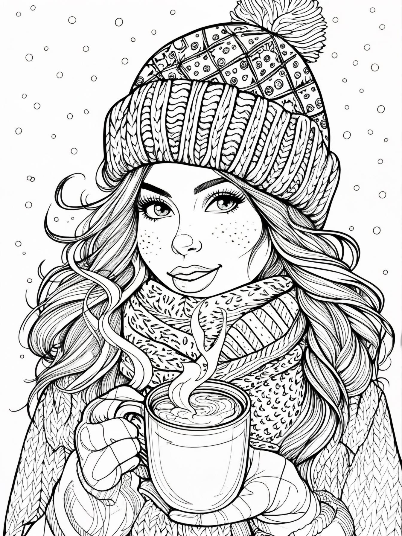 Pictures of a hat, scarf, hotchocolate cup,cosy coat, winter vybes. Cartoon style