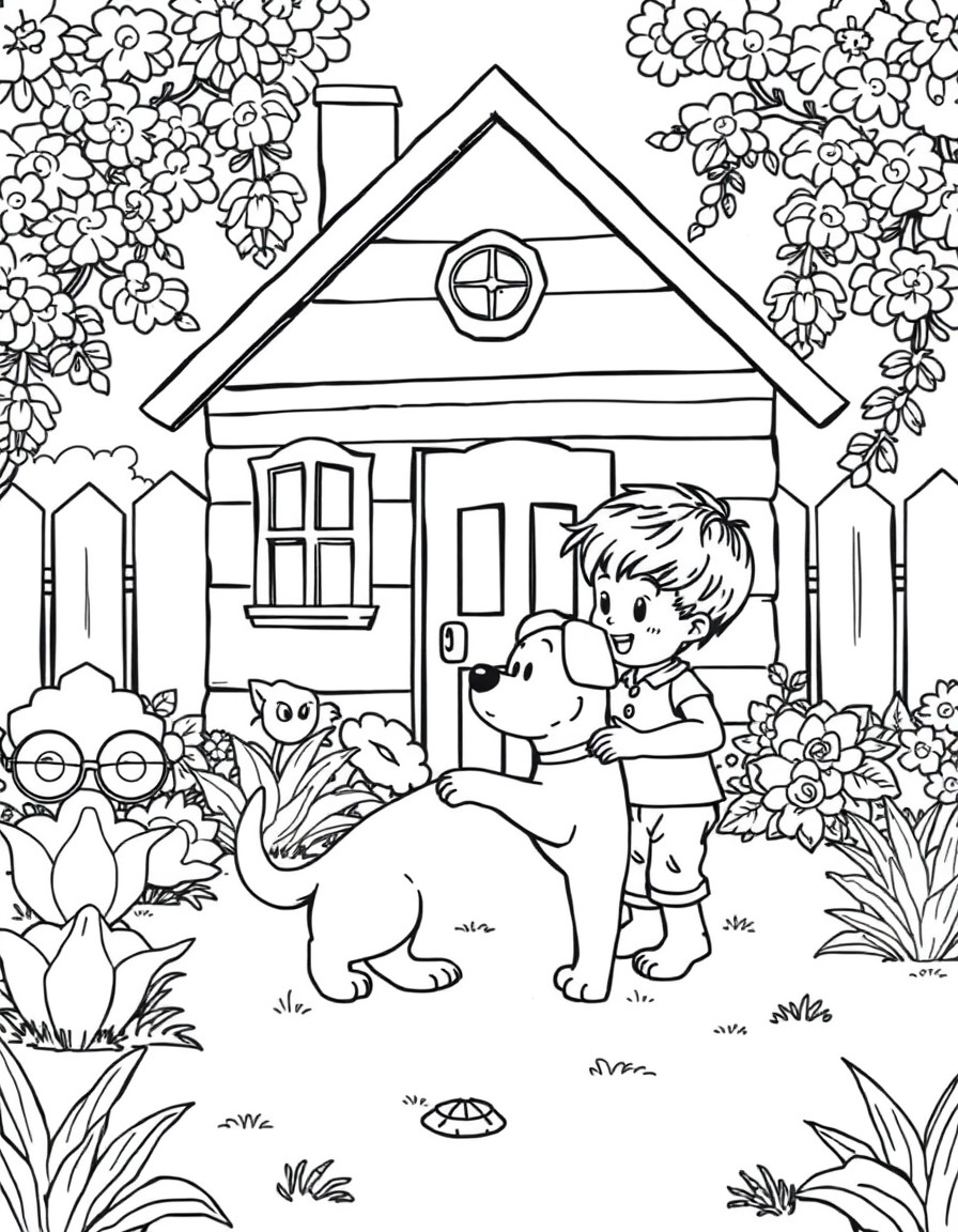 A cute dog playing with a boy behind the house in the garden