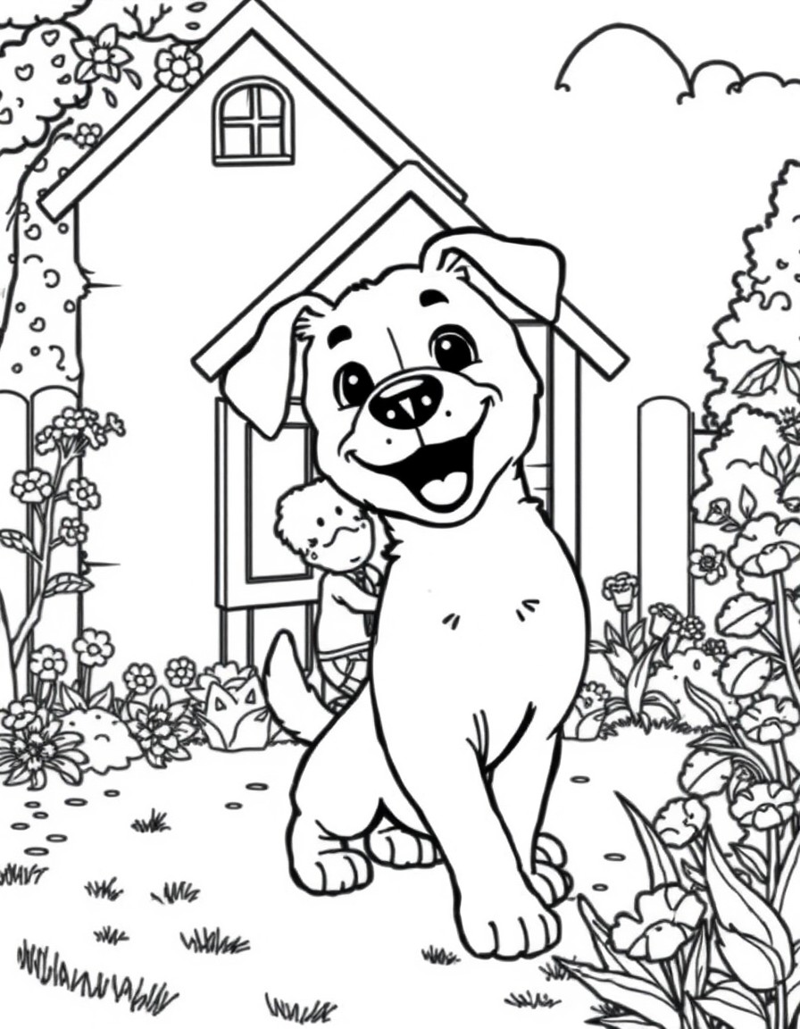 A cute dog playing with a boy behind the house in the garden