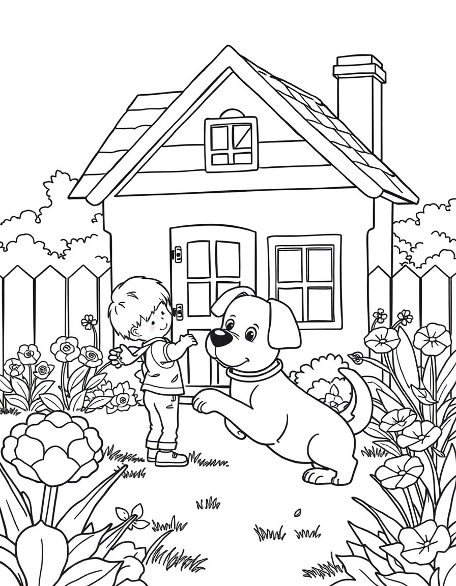 A cute dog playing with a boy behind the house in the garden