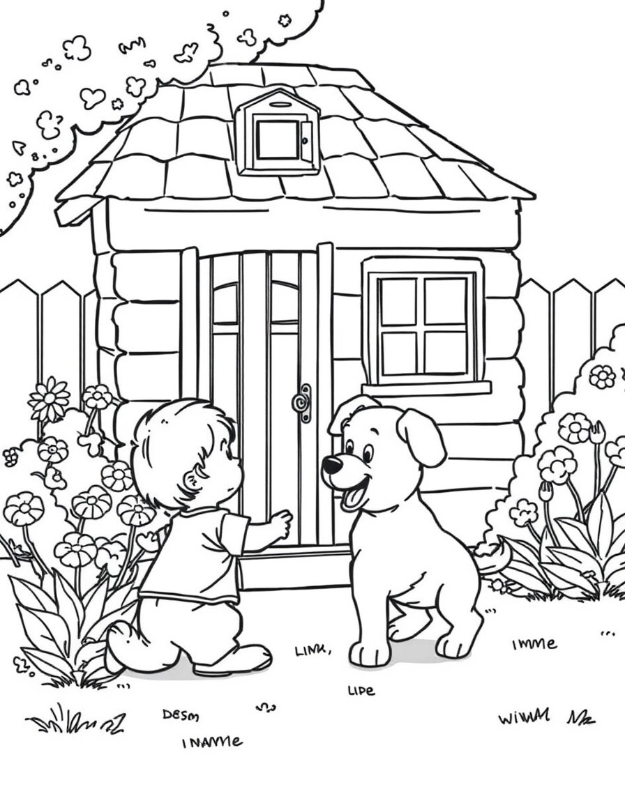 A cute dog playing with a boy behind the house in the garden