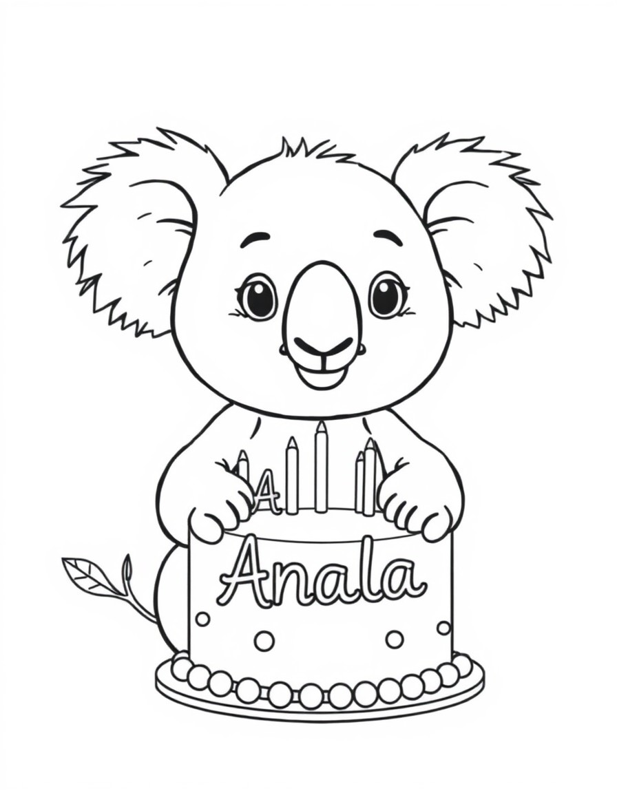 A cute koala with a cake that has the name Anala on it