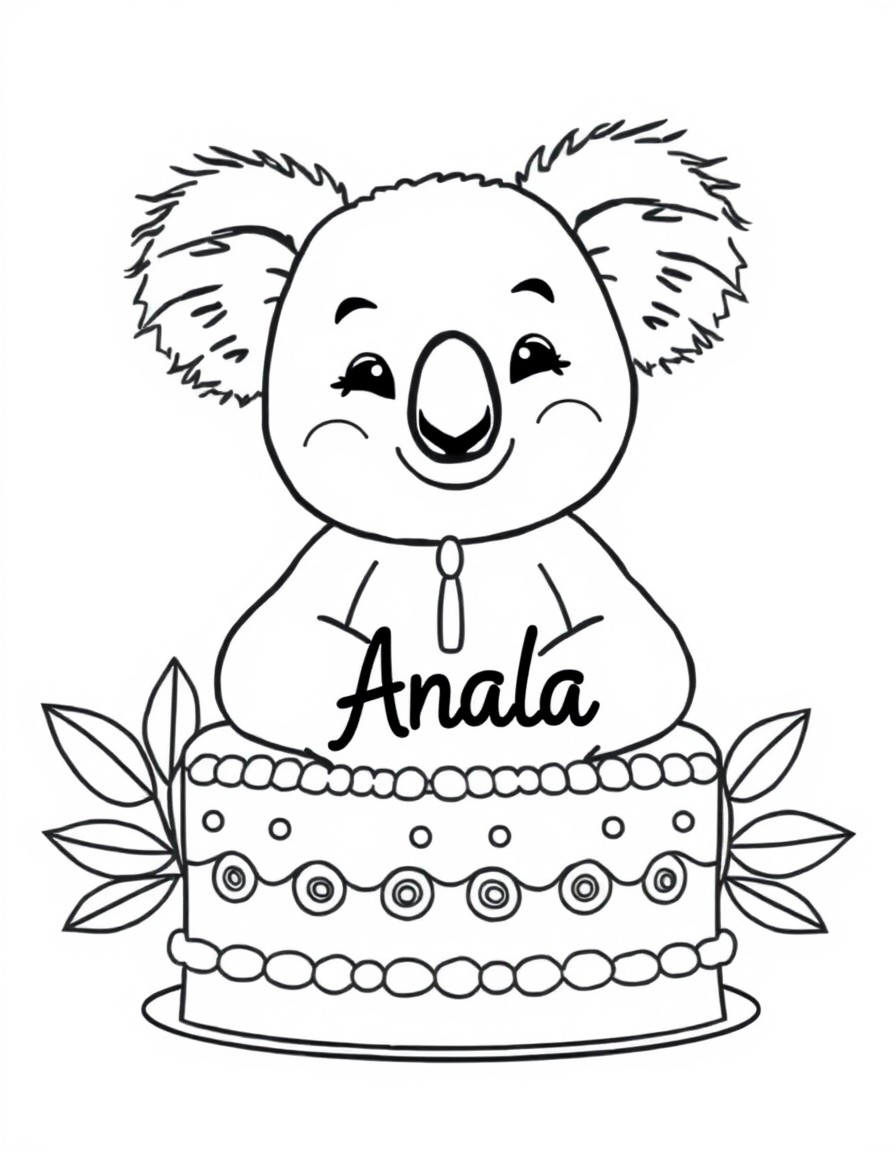 A cute koala with a cake that has the name Anala on it