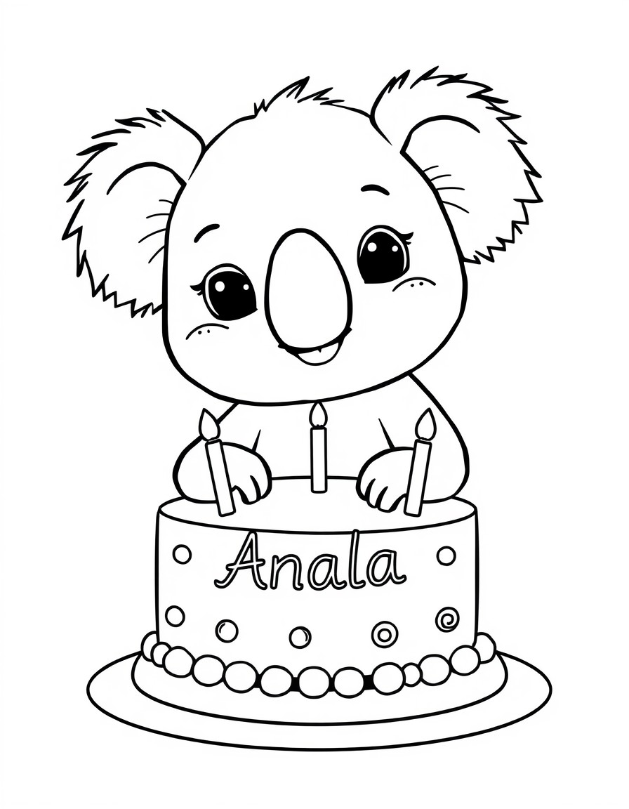 A cute koala with a cake that has the name Anala on it