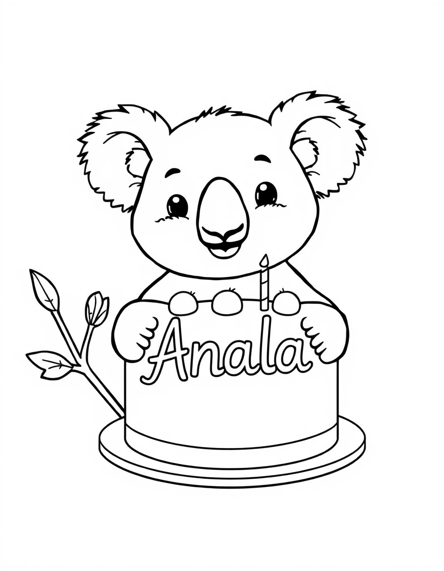 A cute koala with a cake that has the name Anala on it