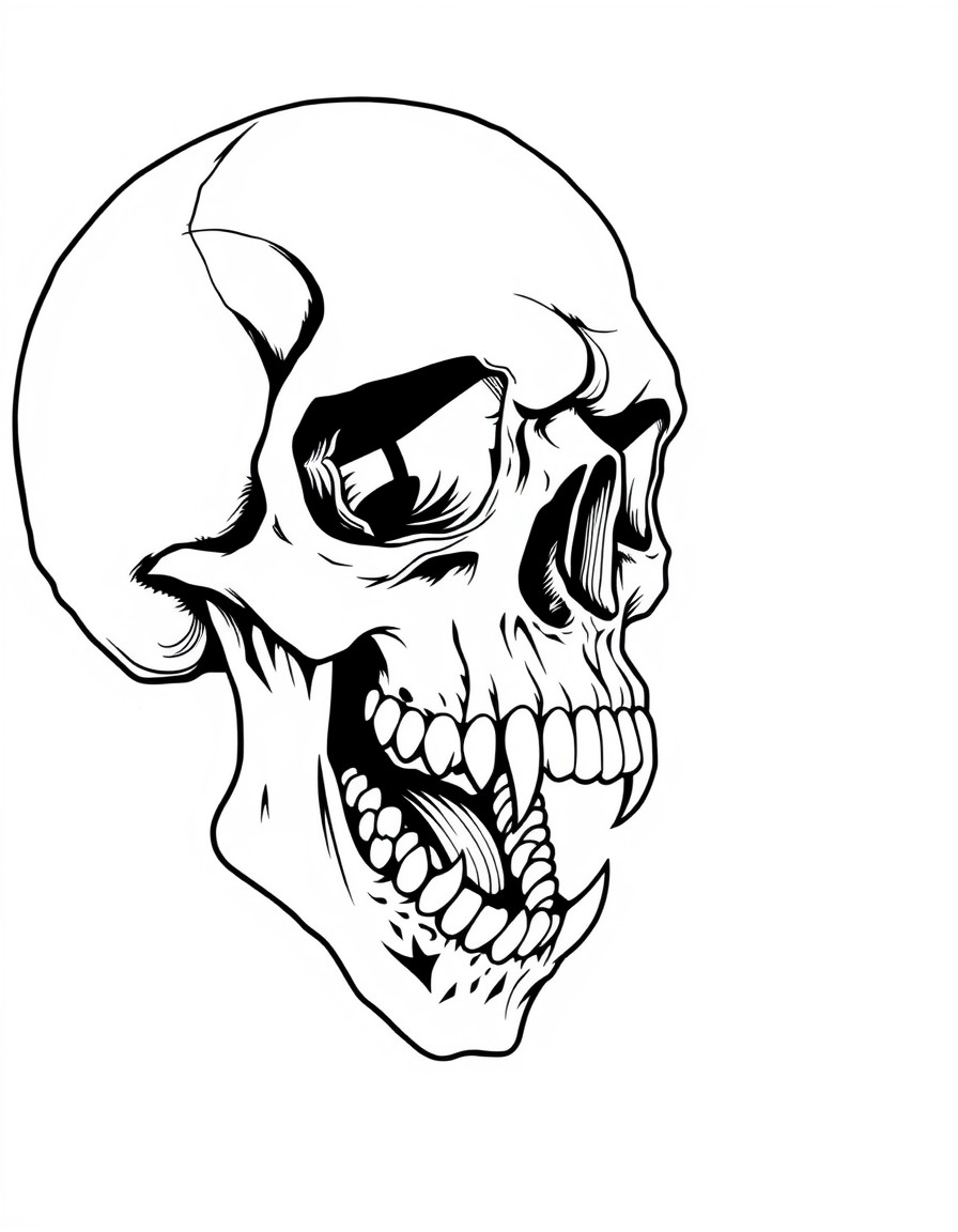 skull looking to the right with vampire fangs