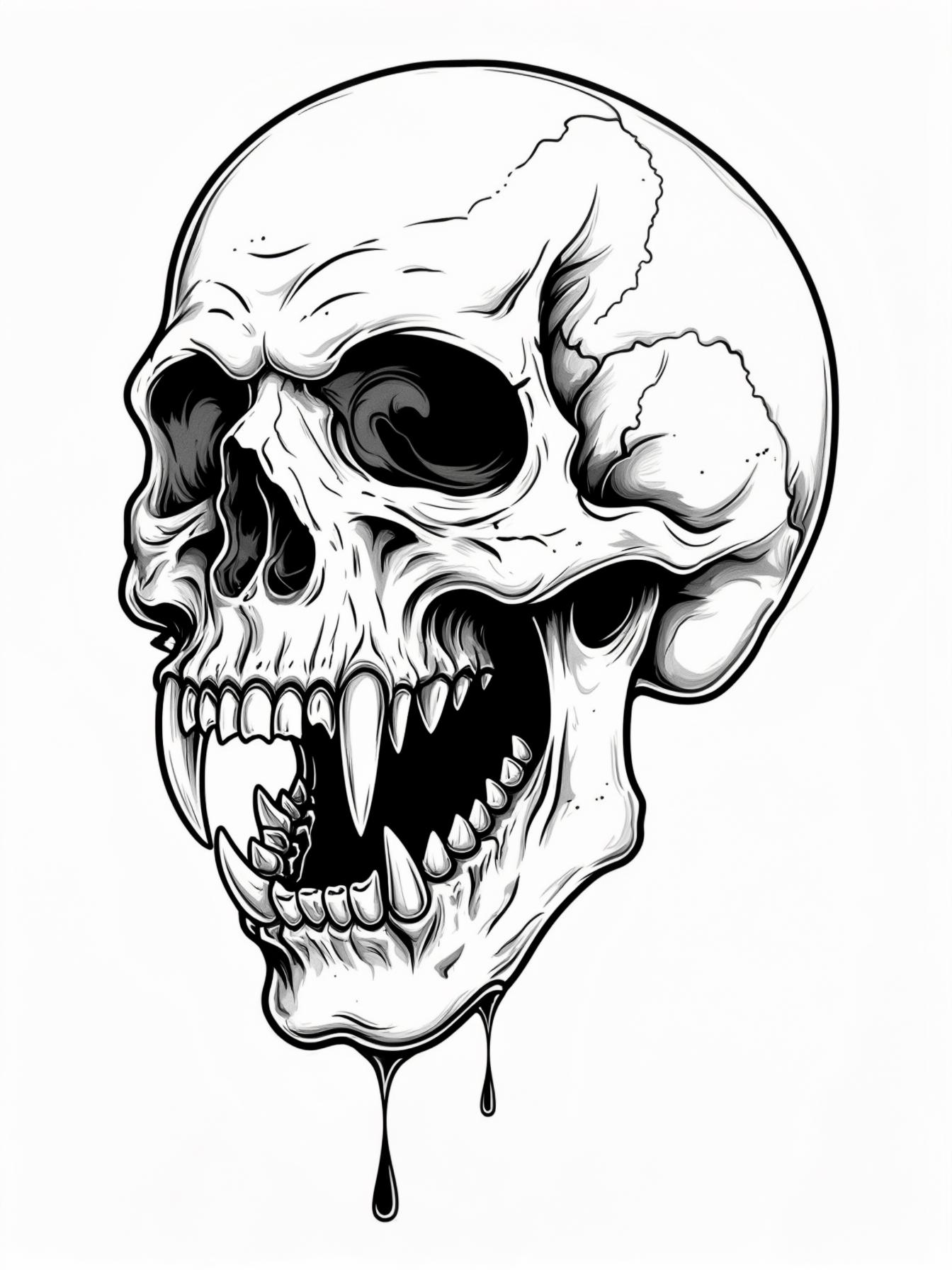 skull looking to the right with vampire fangs and dripping blood