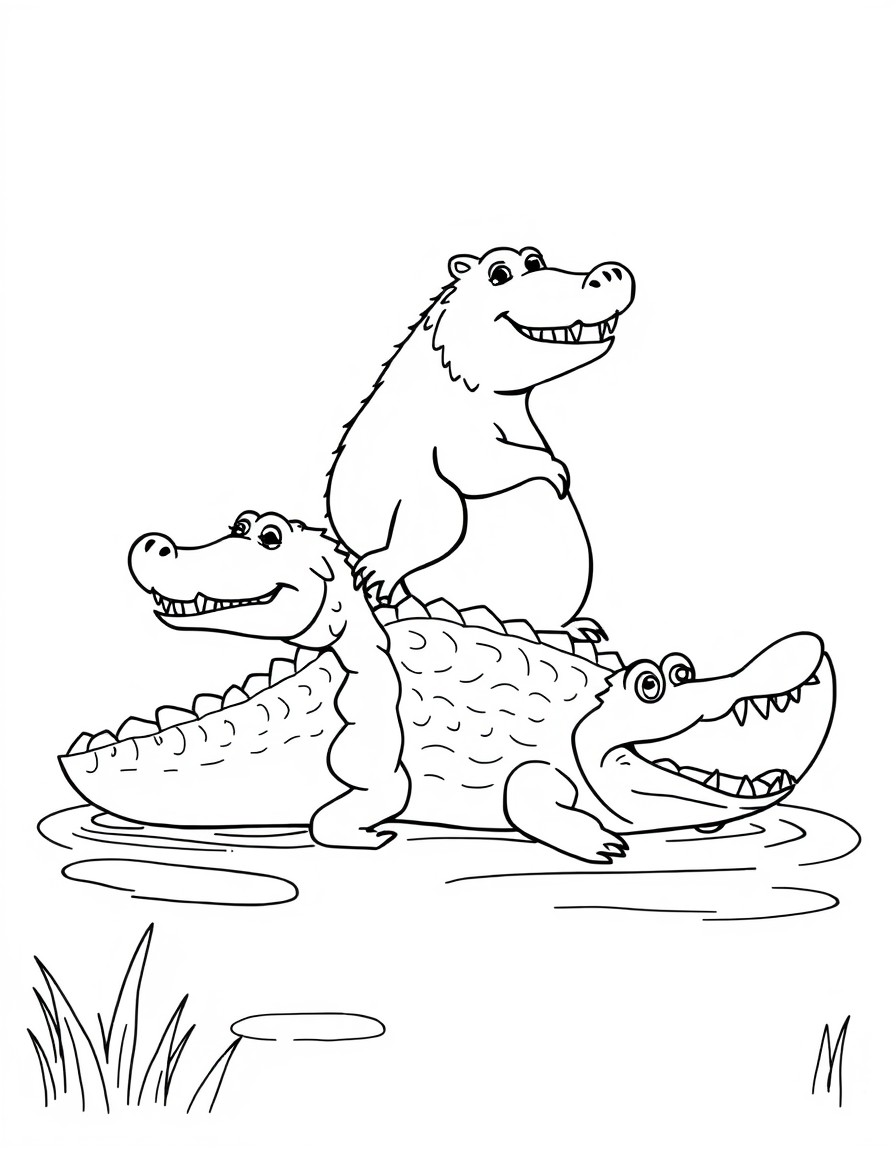 A capybara riding a top of an alligator. In the style of Bluey.