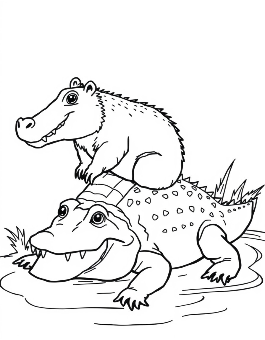 A capybara riding a top of an alligator. In the style of Bluey.