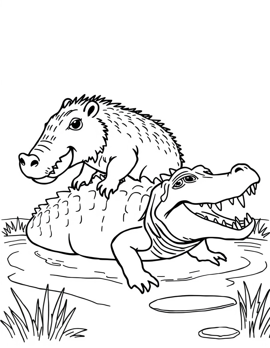 A capybara riding a top of an alligator. In the style of Bluey.