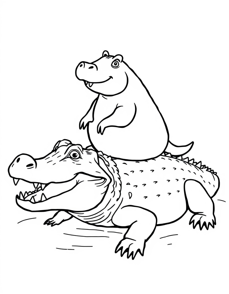 A capybara riding a top of an alligator. In the style of Bluey.