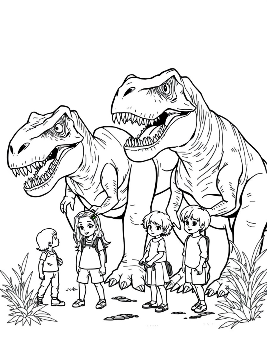 Create a coloring page for me featuring two big, scary dinosaurs from the movie Jurassic Park and the children from the movie next to them.