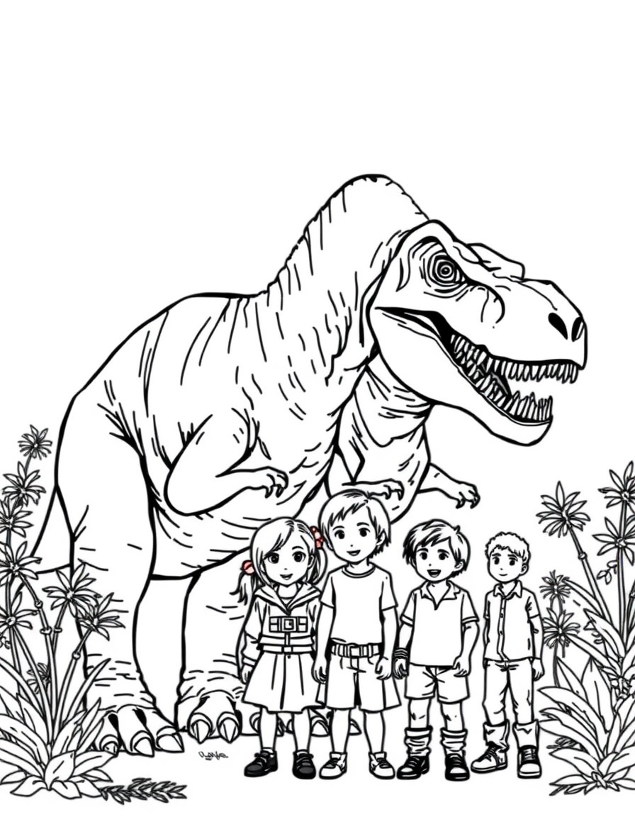 Create a coloring page for me featuring two big, scary dinosaurs from the movie Jurassic Park and the children from the movie next to them.