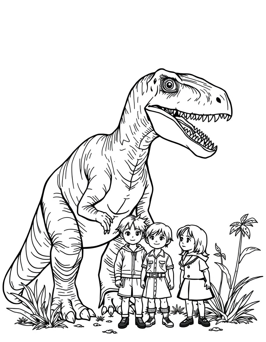 Create a coloring page for me featuring two big, scary dinosaurs from the movie Jurassic Park and the children from the movie next to them.