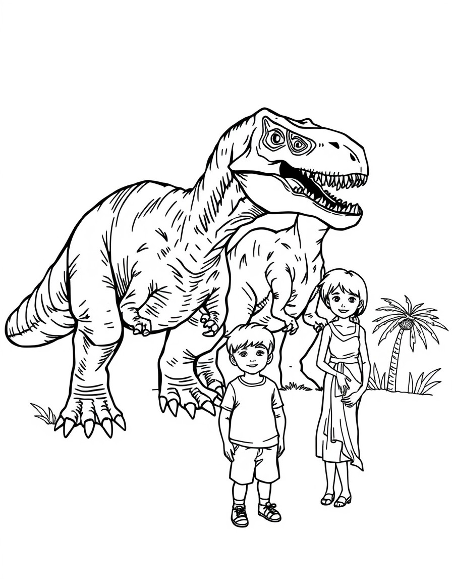 Create a coloring page for me featuring two big, scary dinosaurs from the movie Jurassic Park and the children from the movie next to them.