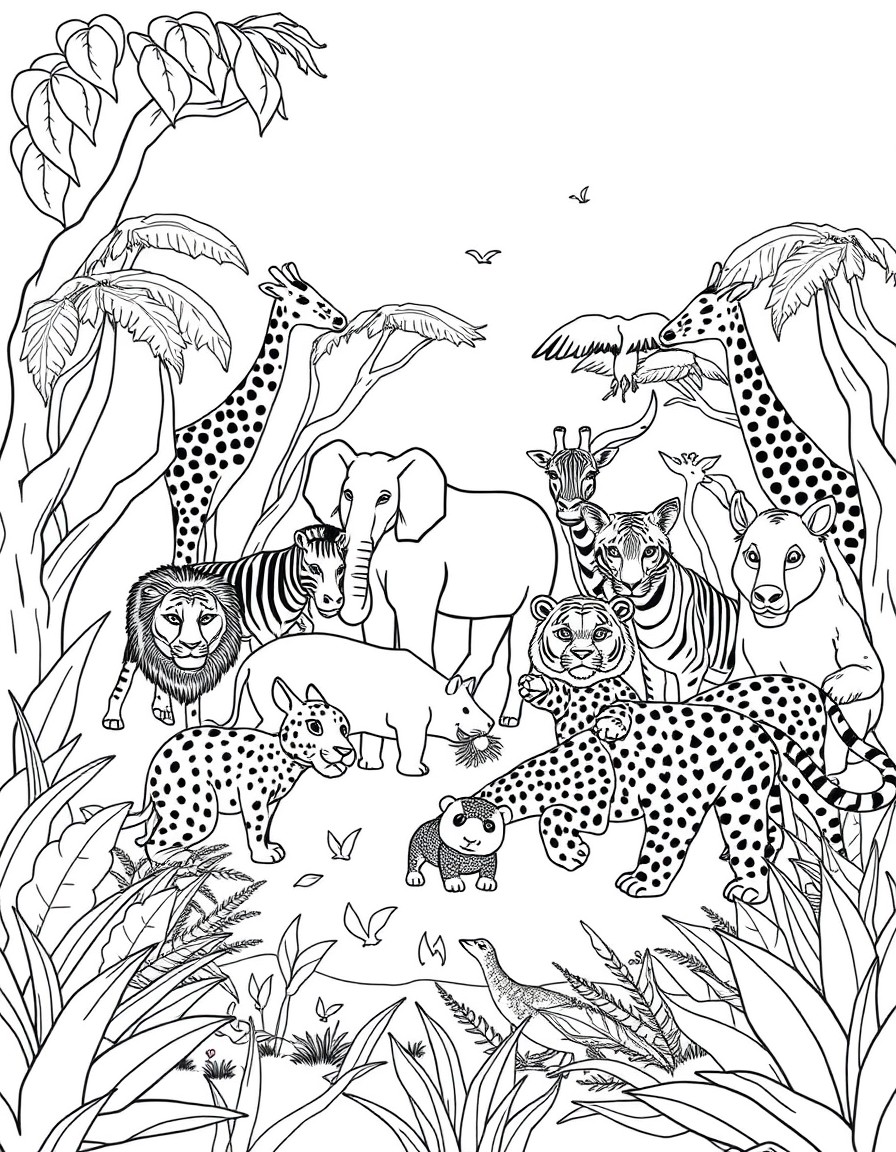 detailed cover page featuring groups of animals in a jungle setting. The scene includes lions, tigers, elephants, giraffes, zebras, kangaroos, pandas, gorillas, cheetahs, rhinoceroses, leopards, and b