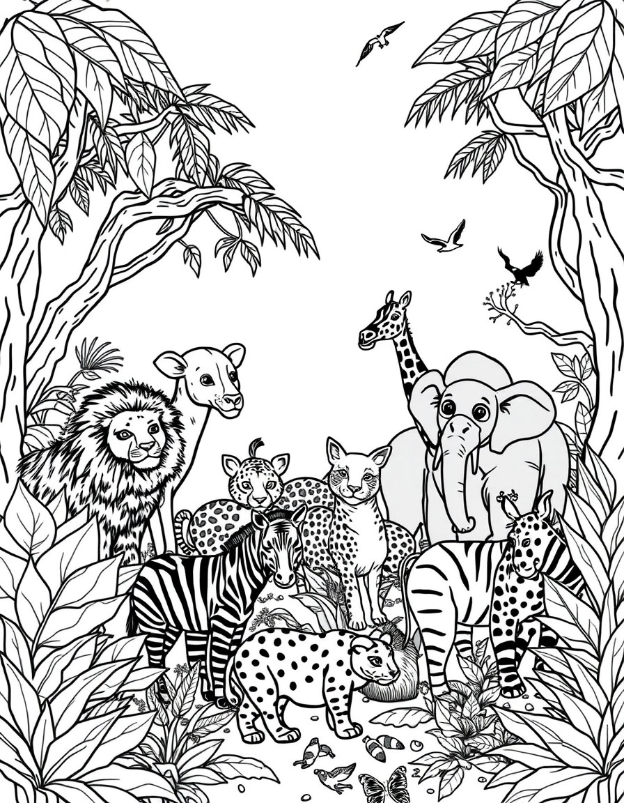 detailed cover page featuring groups of animals in a jungle setting. The scene includes lions, tigers, elephants, giraffes, zebras, kangaroos, pandas, gorillas, cheetahs, rhinoceroses, leopards, and b