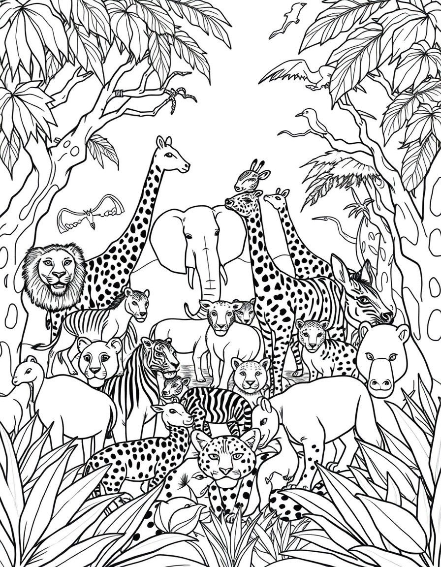 detailed cover page featuring groups of animals in a jungle setting. The scene includes lions, tigers, elephants, giraffes, zebras, kangaroos, pandas, gorillas, cheetahs, rhinoceroses, leopards, and b