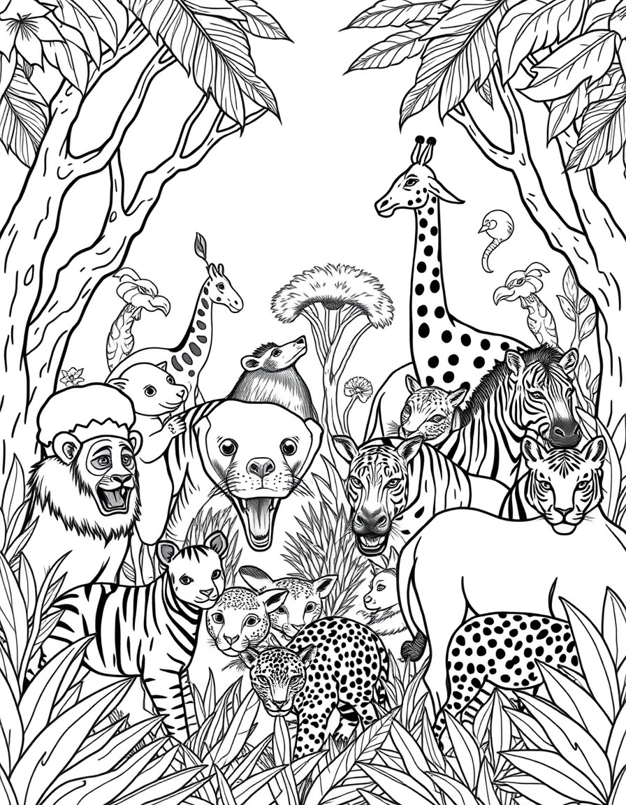 detailed cover page featuring groups of animals in a jungle setting. The scene includes lions, tigers, elephants, giraffes, zebras, kangaroos, pandas, gorillas, cheetahs, rhinoceroses, leopards, and b