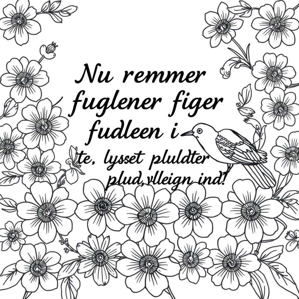 Full page Floral background covered with text  Nu kommer fuglene igen og lyset vlter pludselig ind on top