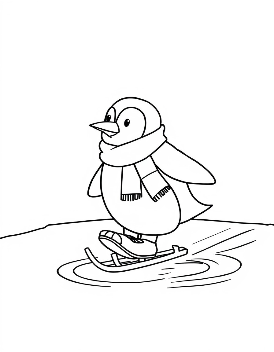 A penguin wearing a scarf and ice skates gliding on a pond