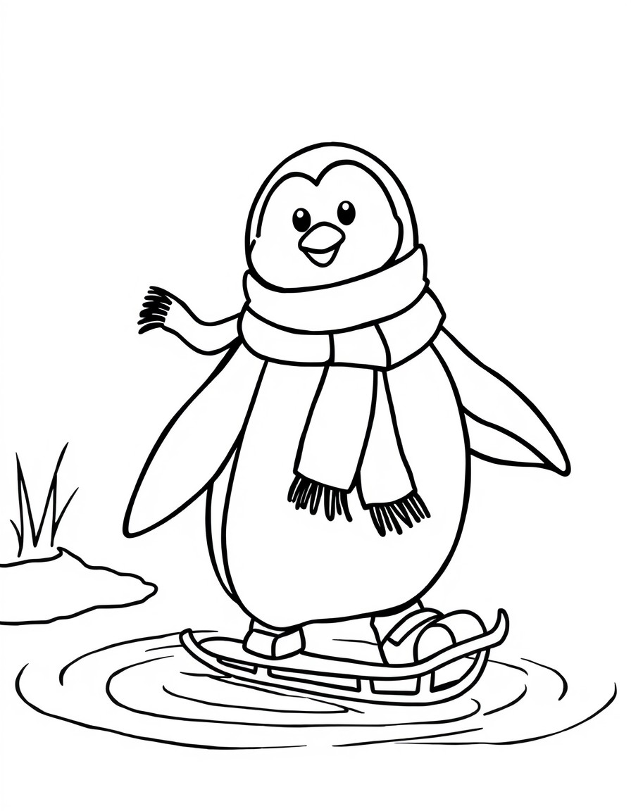 A penguin wearing a scarf and ice skates gliding on a pond