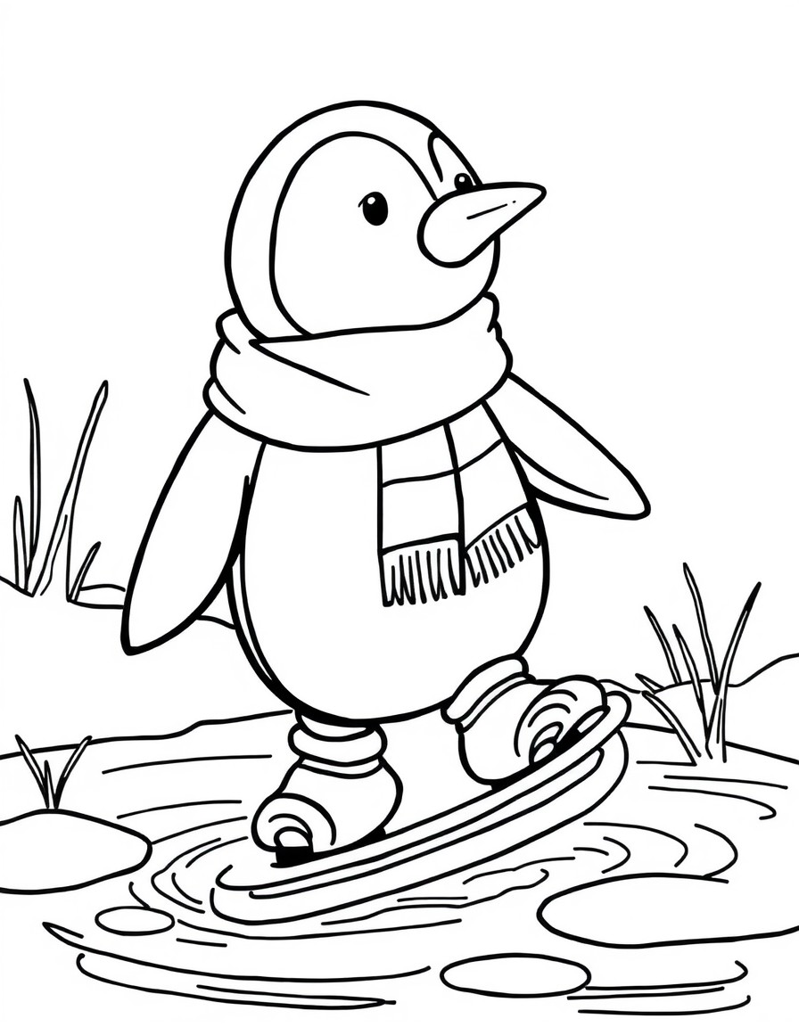 A penguin wearing a scarf and ice skates gliding on a pond