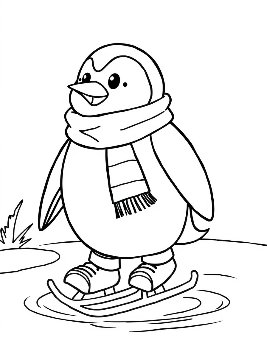 A penguin wearing a scarf and ice skates gliding on a pond