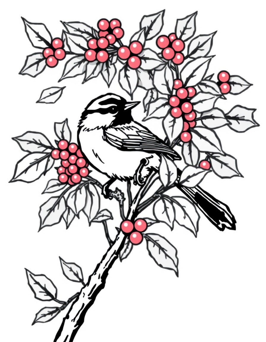 A chickadee by a holly bush