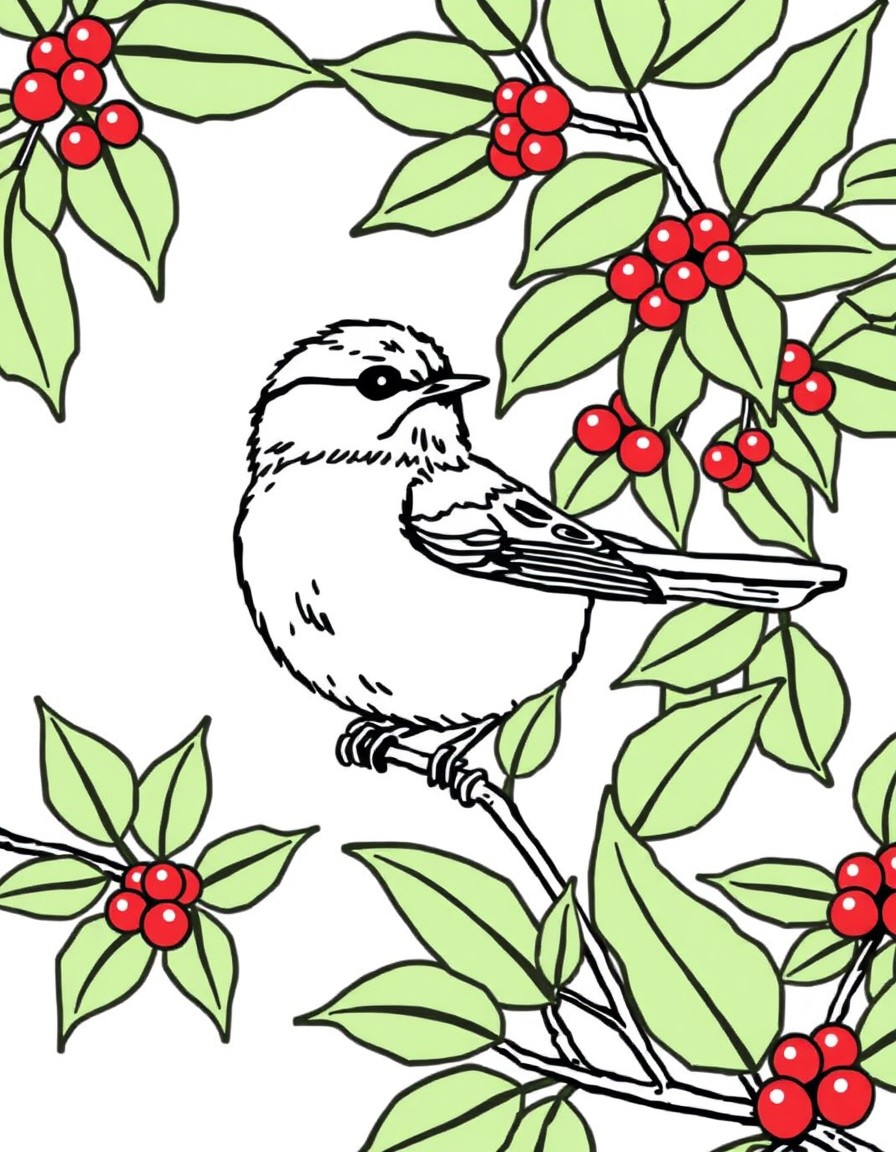 A chickadee by a holly bush