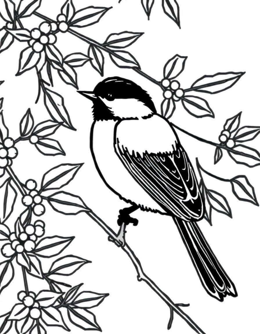 A chickadee by a holly bush