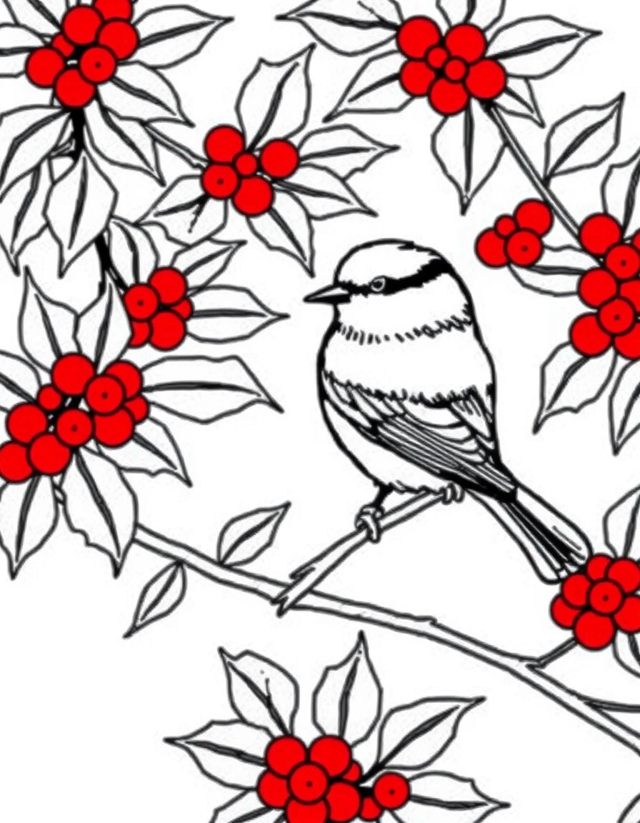 A chickadee by a holly bush