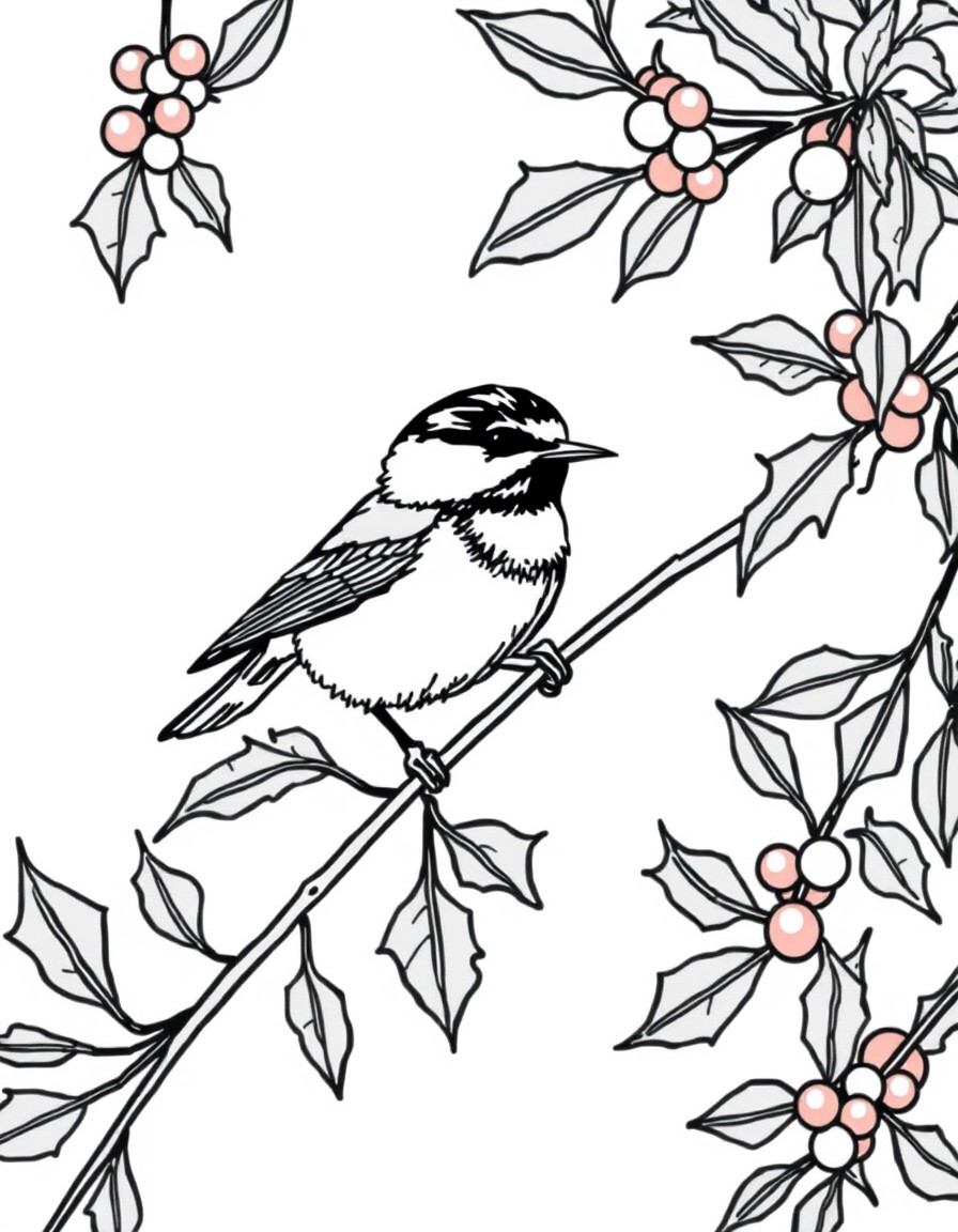 A chickadee on a Holly branch