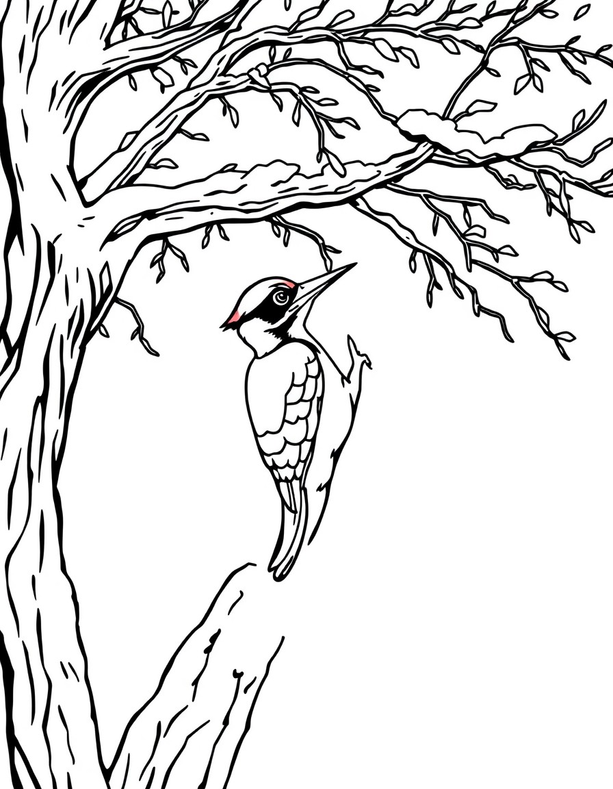 Woodpecker pecking a snowy oak tree