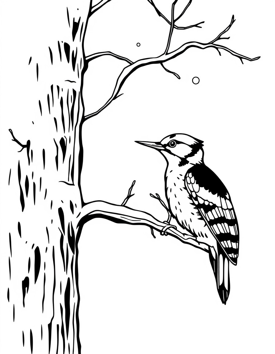 Woodpecker pecking a snowy oak tree