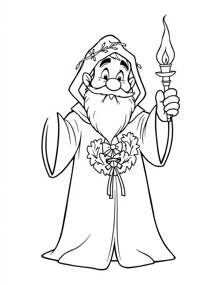 The robed ghost of Christmas Present from Scrooge wearing a wreath around his head holding a torch in one hand smiling with a beard a twinkle in his eyes