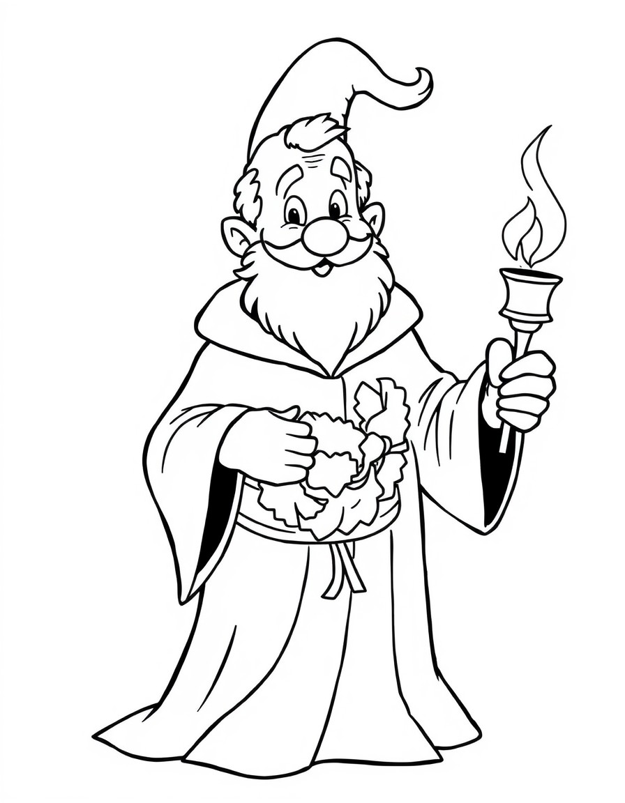 The robed ghost of Christmas Present from Scrooge wearing a wreath around his head holding a torch in one hand smiling with a beard a twinkle in his eyes