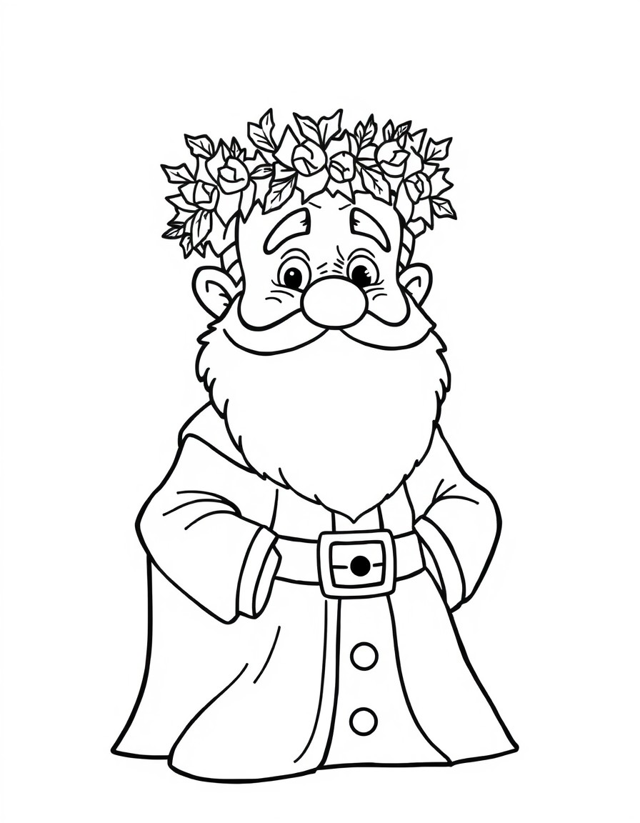 The regal ghost of Christmas Present from Scrooge with a wreath on his head dressy robe with a belt a short curly beard round cheeks lively eyes