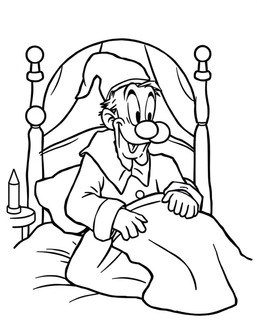 Scrooge sitting up in his bed with a night cap