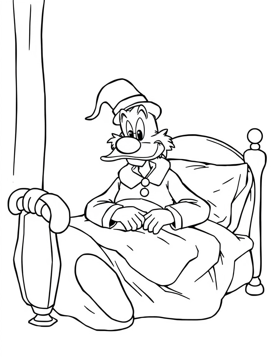 Scrooge sitting up in his bed with a night cap