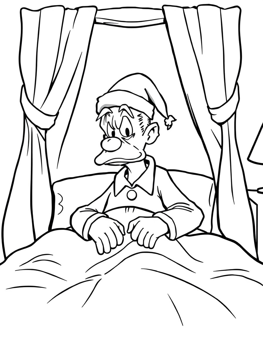 Miserable Scrooge sitting up in his bed wearing a night cap grumpy bed curtains surround him