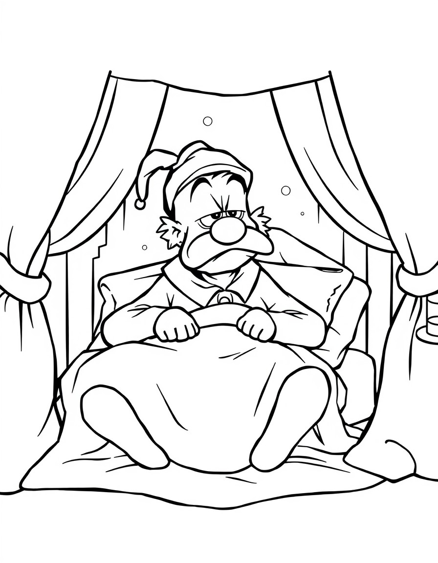 Miserable Scrooge sitting up in his bed wearing a night cap grumpy bed curtains surround him