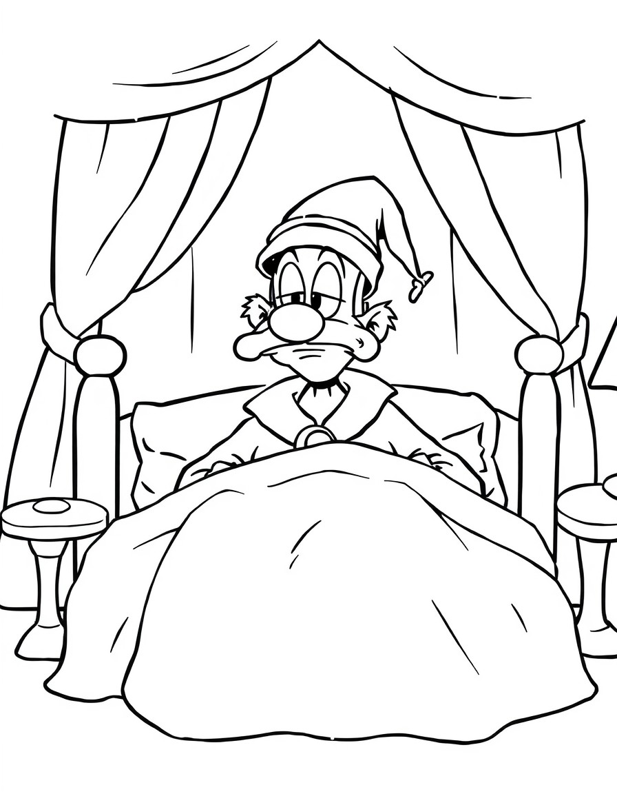 Miserable Scrooge sitting up in his bed wearing a night cap grumpy bed curtains surround him