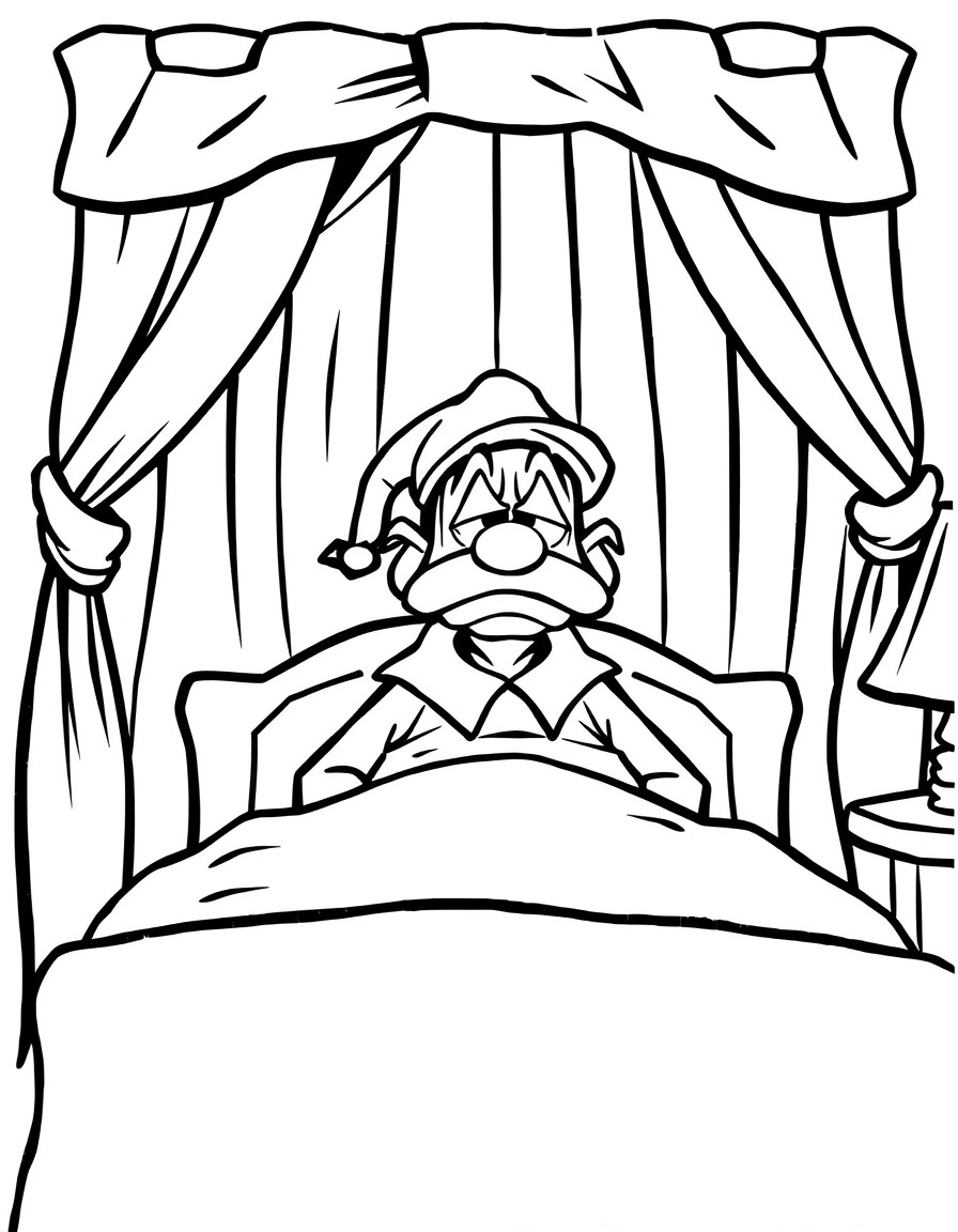 Miserable Scrooge sitting up in his bed wearing a night cap grumpy bed curtains surround him