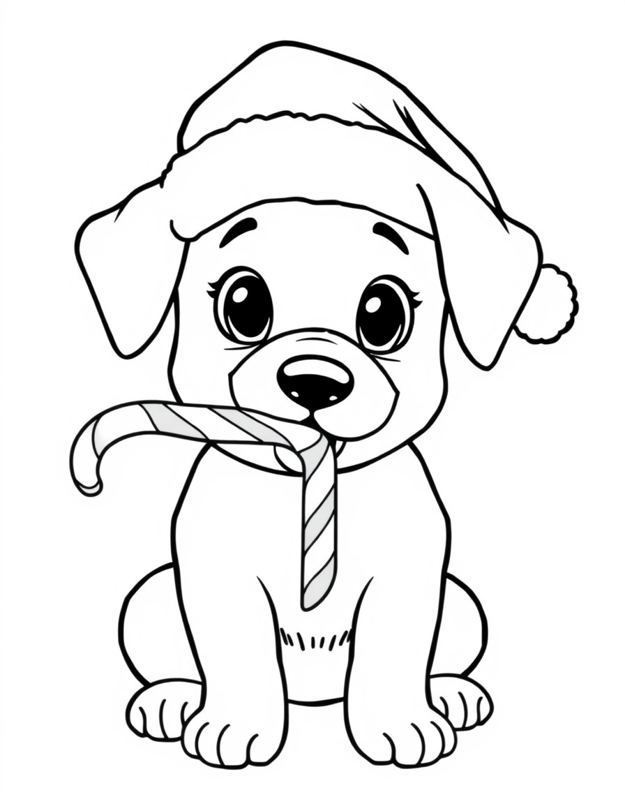 An adorable dog, a Candy cane in its mouth wearing a Santa hat