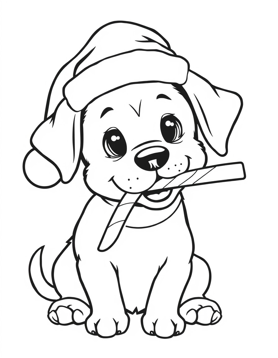 An adorable dog, a Candy cane in its mouth wearing a Santa hat