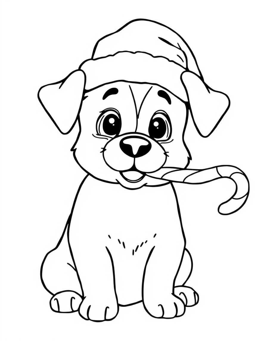 An adorable dog, a Candy cane in its mouth wearing a Santa hat