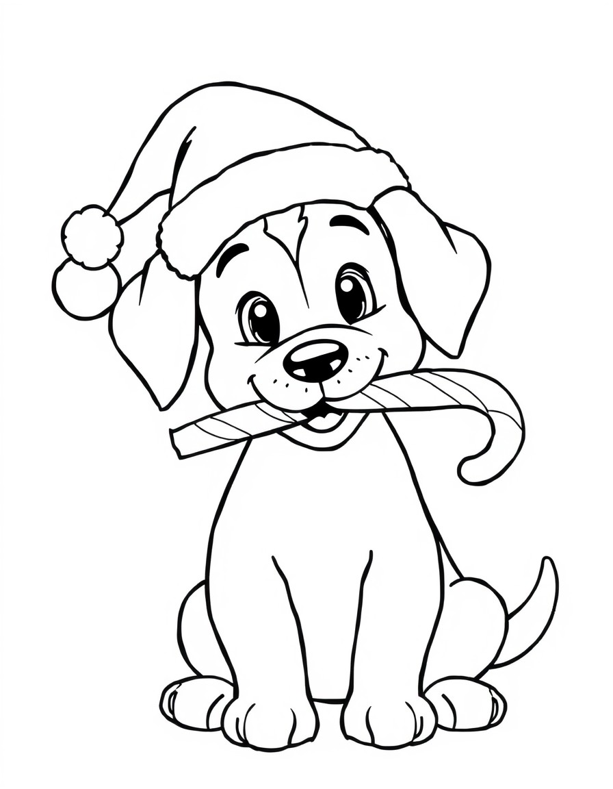 A pet dog with a Candy cane across its mouth wearing a Santa hat